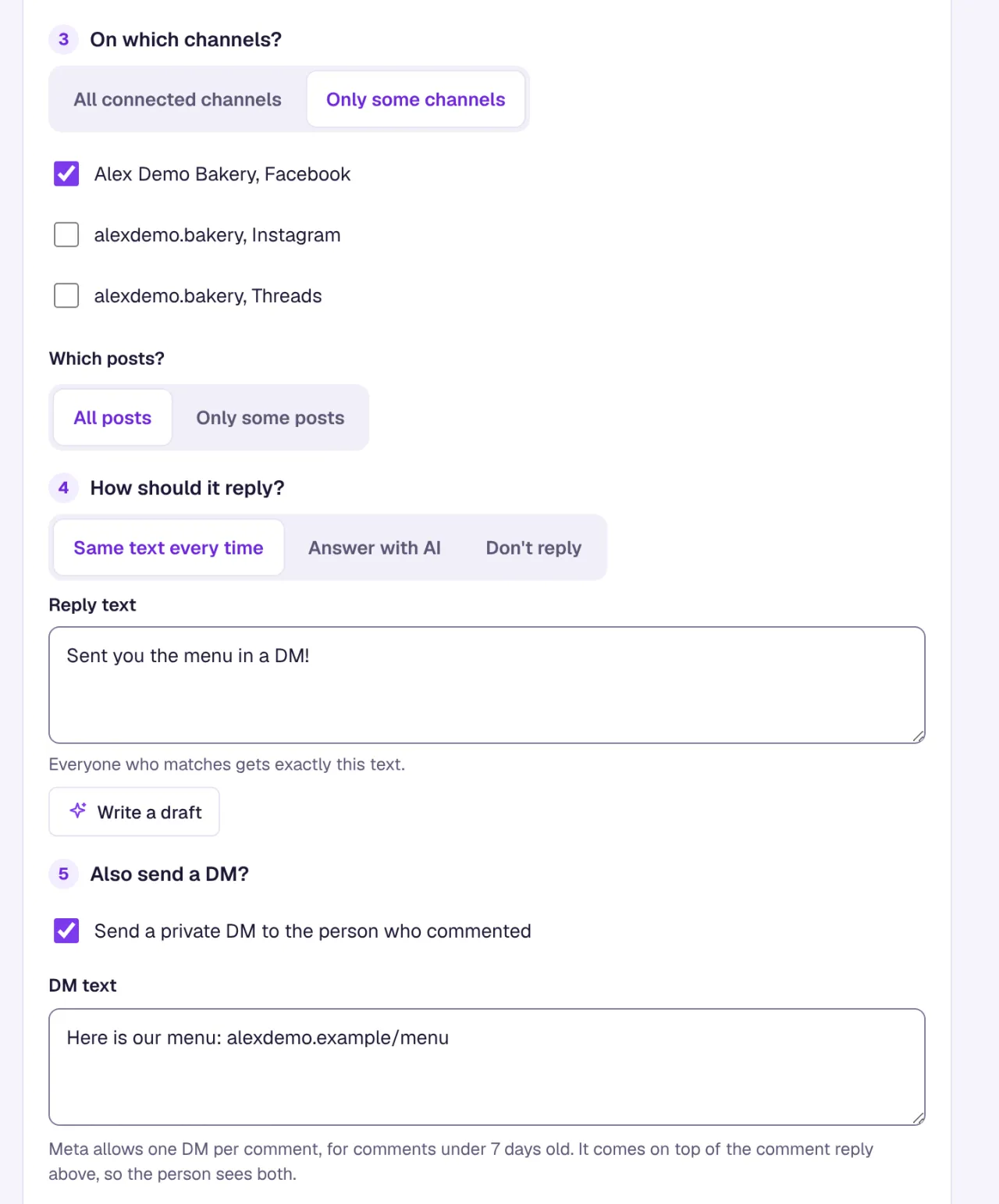 The rule editor: On which channels? set to Only some channels with only the Facebook Page Alex Demo Bakery ticked, a short public reply, and Also send a DM? ticked with the DM text.