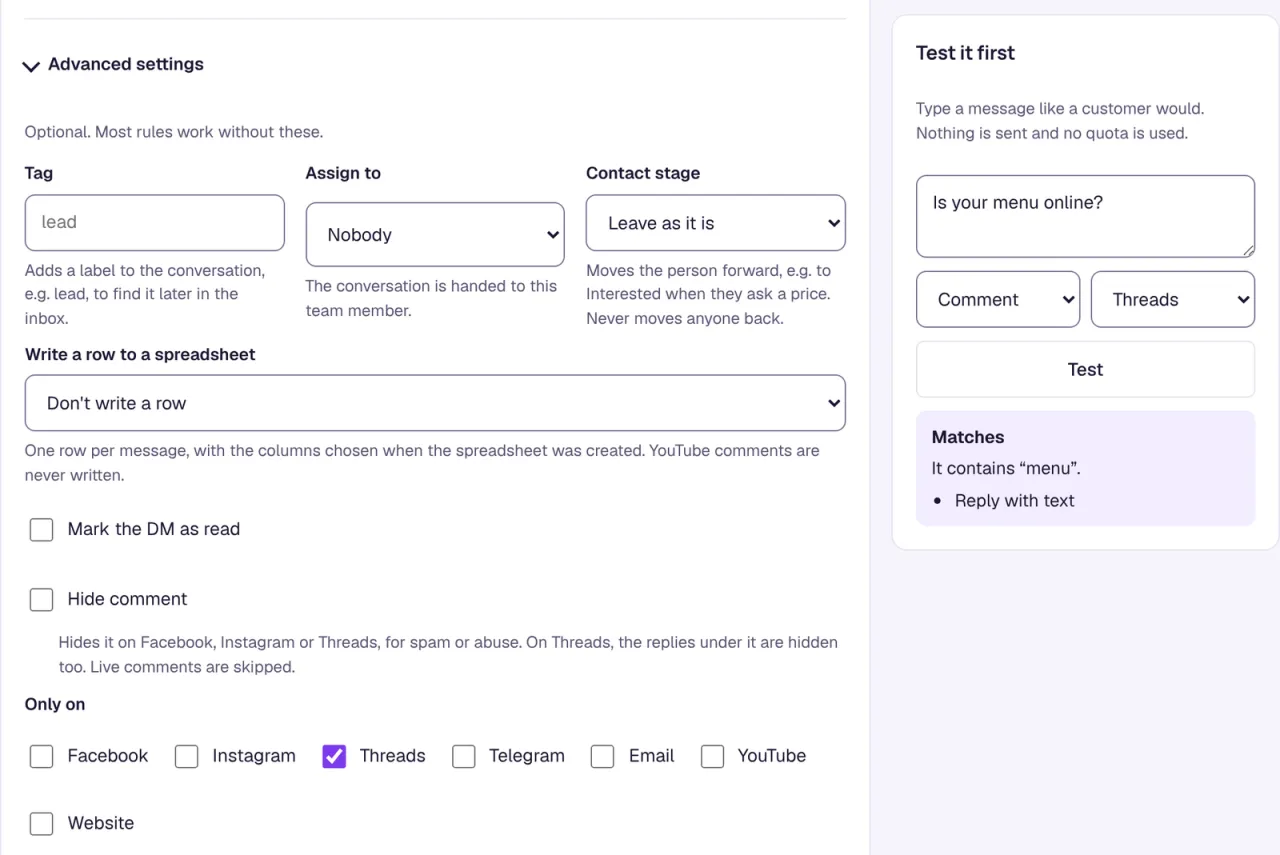 The rule editor with Advanced settings open and only Threads ticked under Only on, next to Test it first, where the Threads comment Is your menu online? matches because it contains menu.