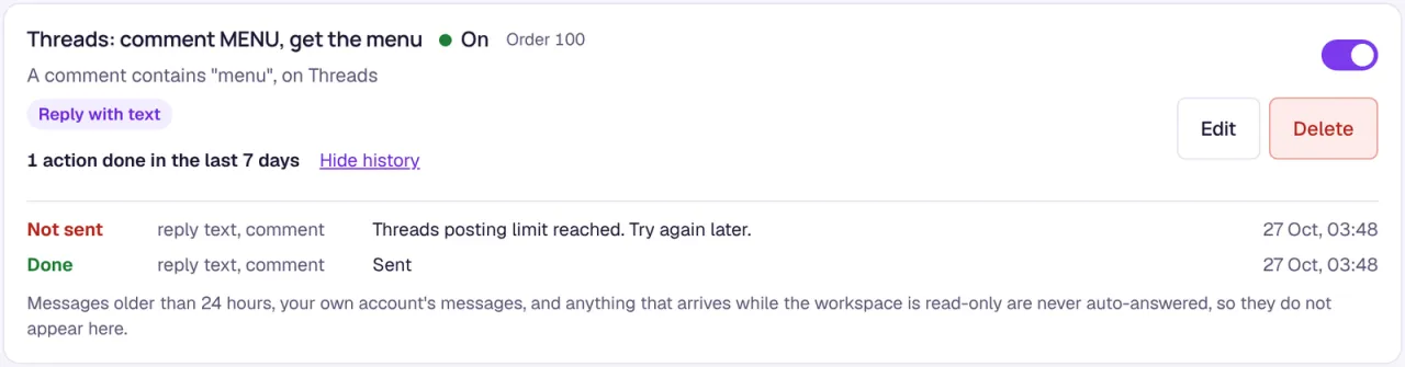 The History of a Threads rule: one reply sent, and one not sent with the reason Threads posting limit reached.