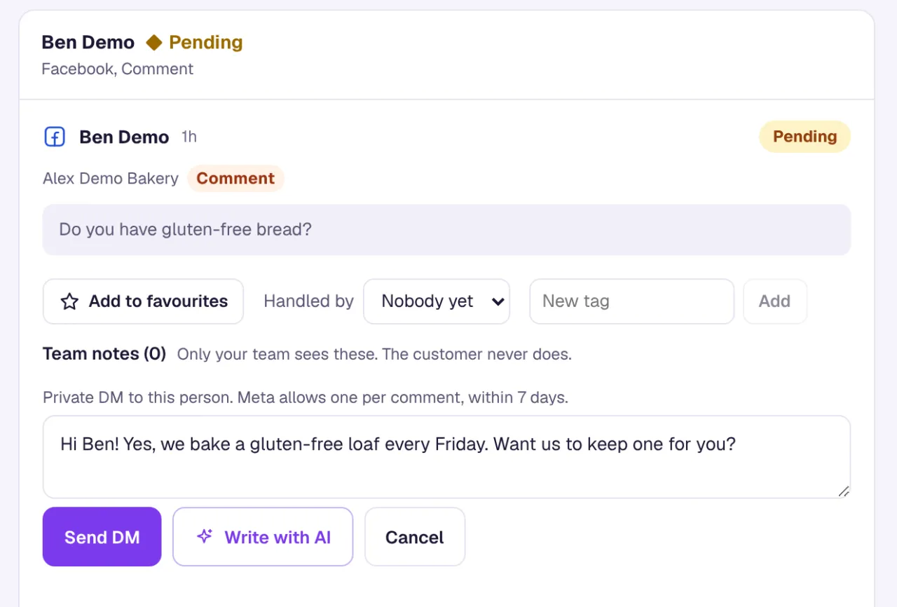 A Facebook comment open in the inbox in Reply by DM mode, with the note that Meta allows one DM per comment within 7 days, the private message and the Send DM button.