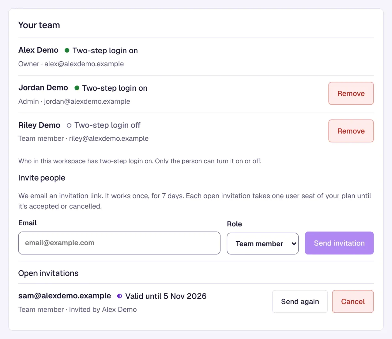 Your team in Settings > Users and security: the owner Alex Demo, an admin and a team member with Remove buttons, the Invite people form, and an open invitation for a team member marked Invited by Alex Demo, with Send again and Cancel.