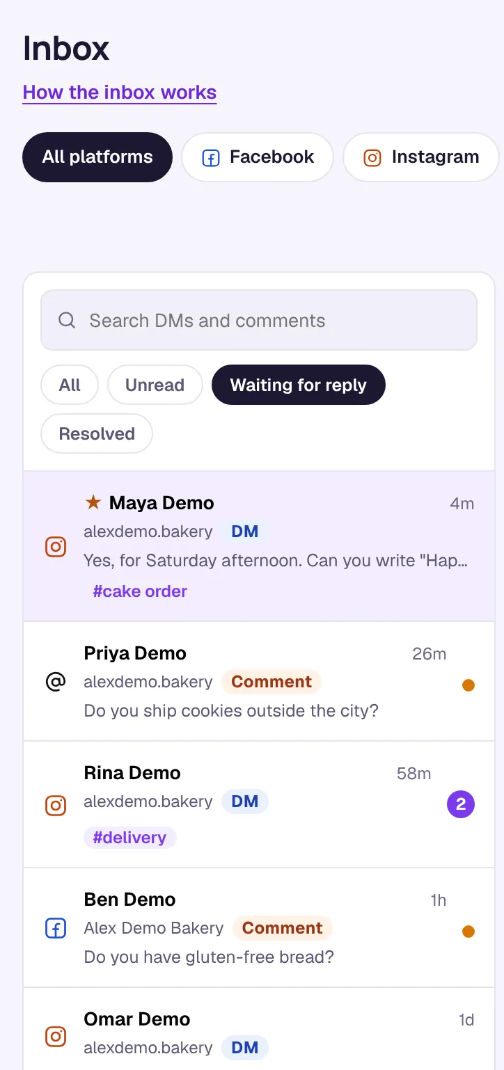 The inbox with the Waiting for reply filter on, listing DMs and comments waiting for a reply, newest first.