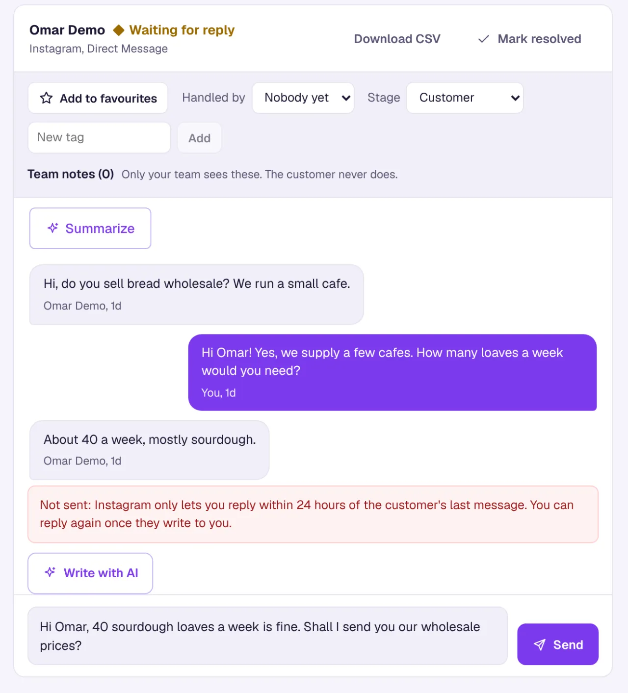 An Instagram DM whose last customer message is a day old: the reply was not sent, and the inbox says Instagram only lets you reply within 24 hours of the customer’s last message.